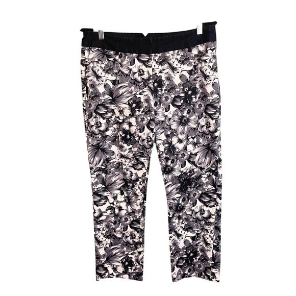 Express Womens Floral Print Columnist Cropped Pants White Black Size 10R - Picture 1 of 16